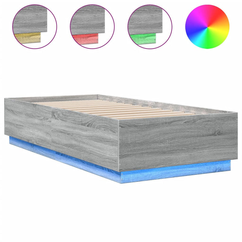 vidaXL szürke sonoma színű szerelt fa ágykeret LED-del 90 x 200 cm