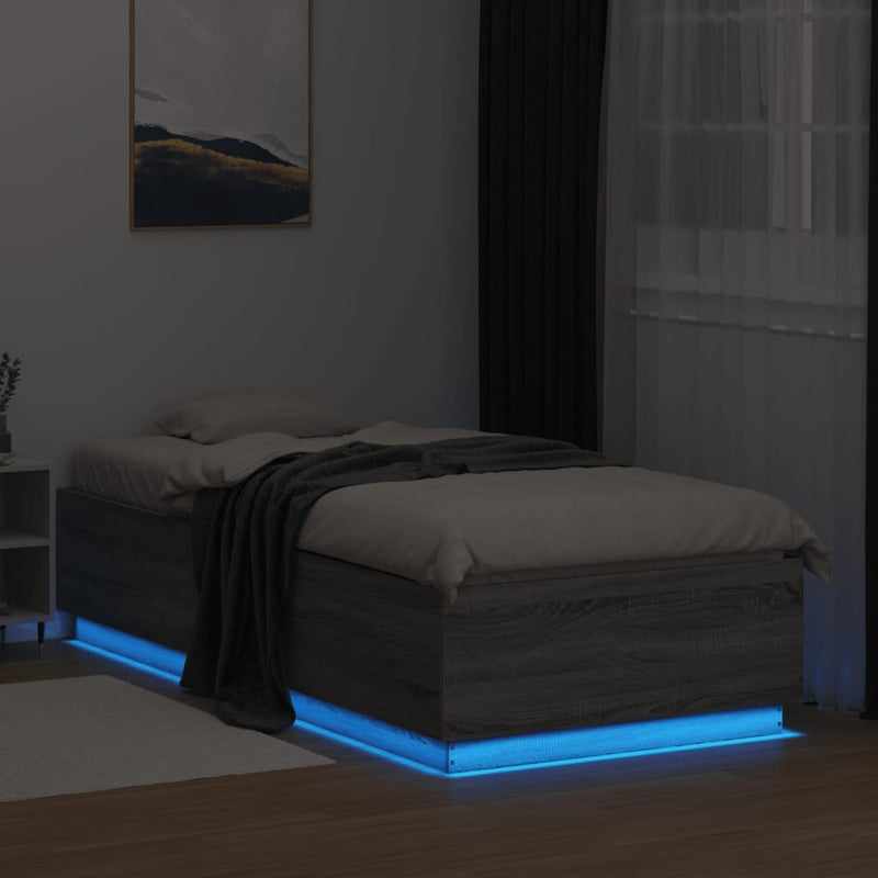 vidaXL szürke sonoma színű szerelt fa ágykeret LED-del 90 x 200 cm