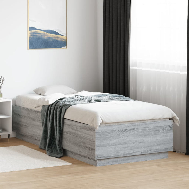 vidaXL szürke sonoma színű szerelt fa ágykeret LED-del 90 x 200 cm
