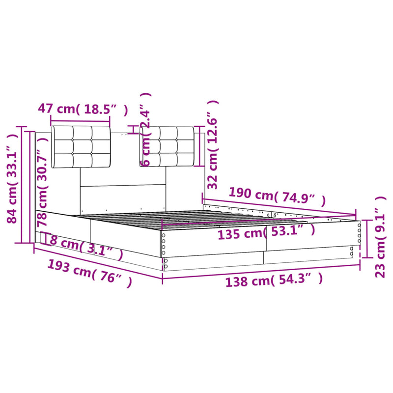 vidaXL betonszürke szerelt fa ágykeret fejtámlával 135x190 cm