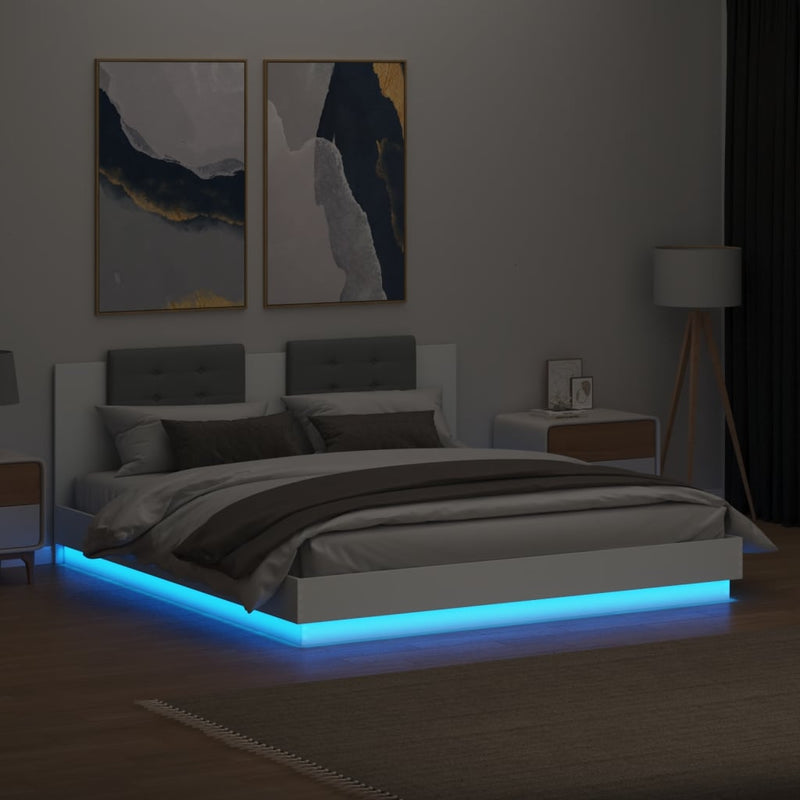 vidaXL fehér ágykeret fejtámlával és LED-világítással 200 x 200 cm