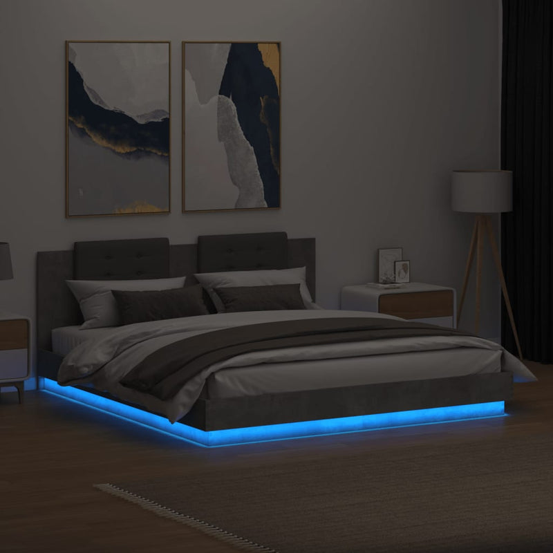 vidaXL betonszürke ágykeret fejtámlával és LED-világítással 200x200 cm