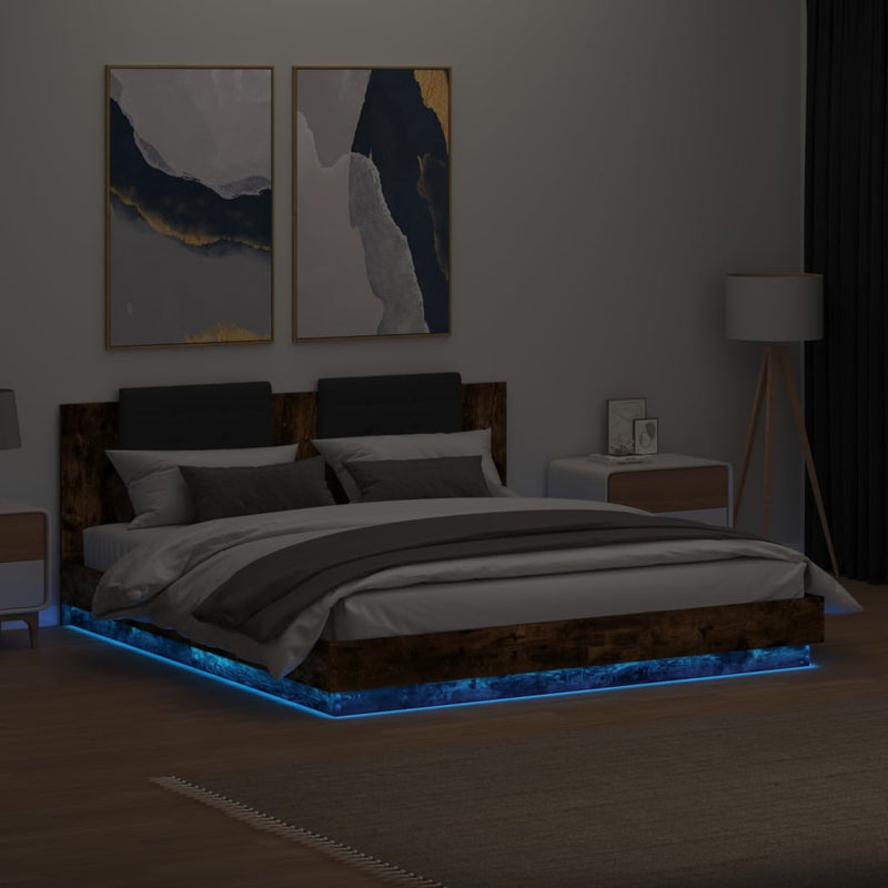 vidaXL füstös tölgy színű ágykeret fejtámlával és LED-ekkel 200x200 cm