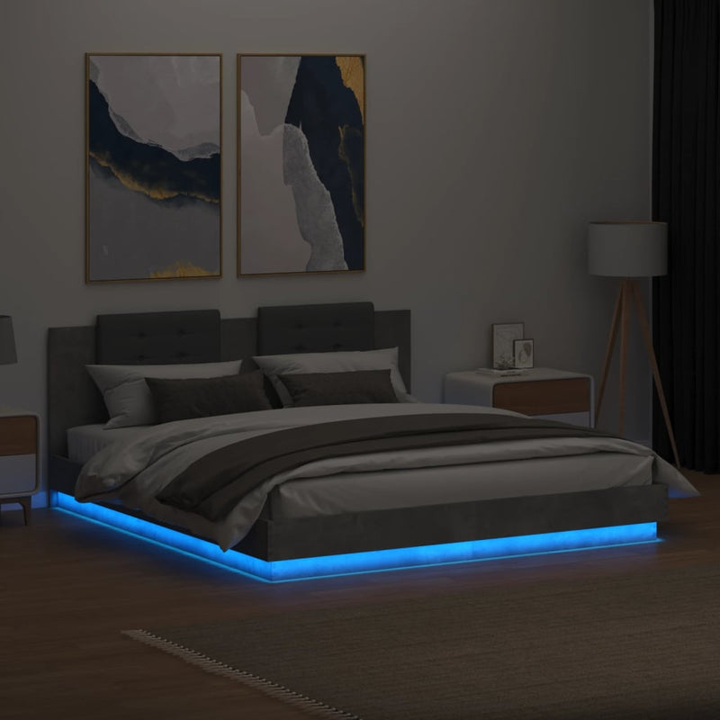 vidaXL betonszürke ágykeret fejtámlával és LED-világítással 180x200 cm