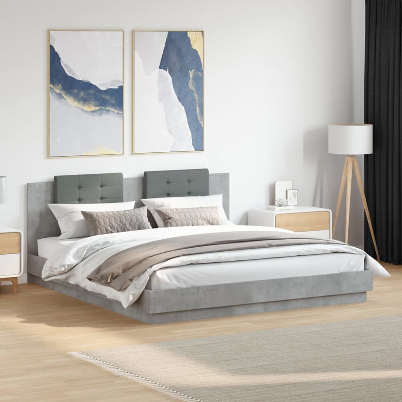 vidaXL betonszürke ágykeret fejtámlával és LED-világítással 180x200 cm