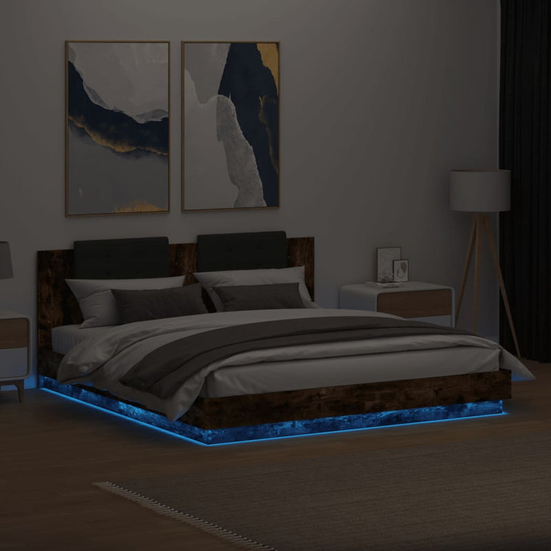 vidaXL füstös tölgy színű ágykeret fejtámlával és LED-ekkel 180x200 cm
