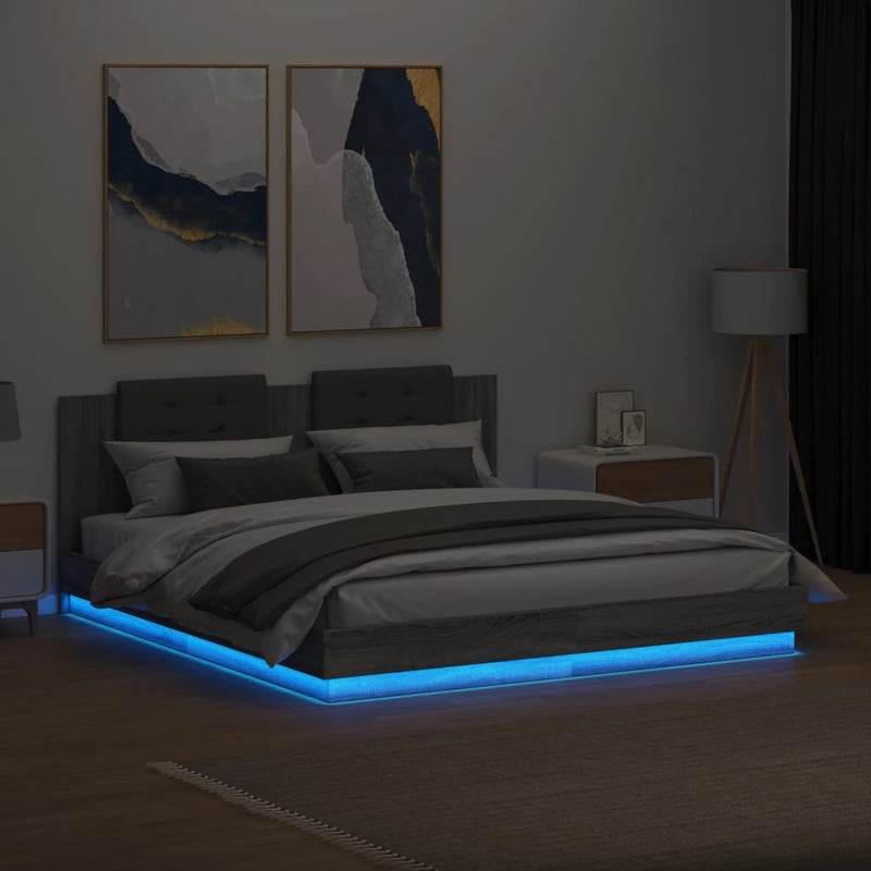 vidaXL szürke sonoma ágykeret fejtámlával és LED-ekkel 180 x 200 cm