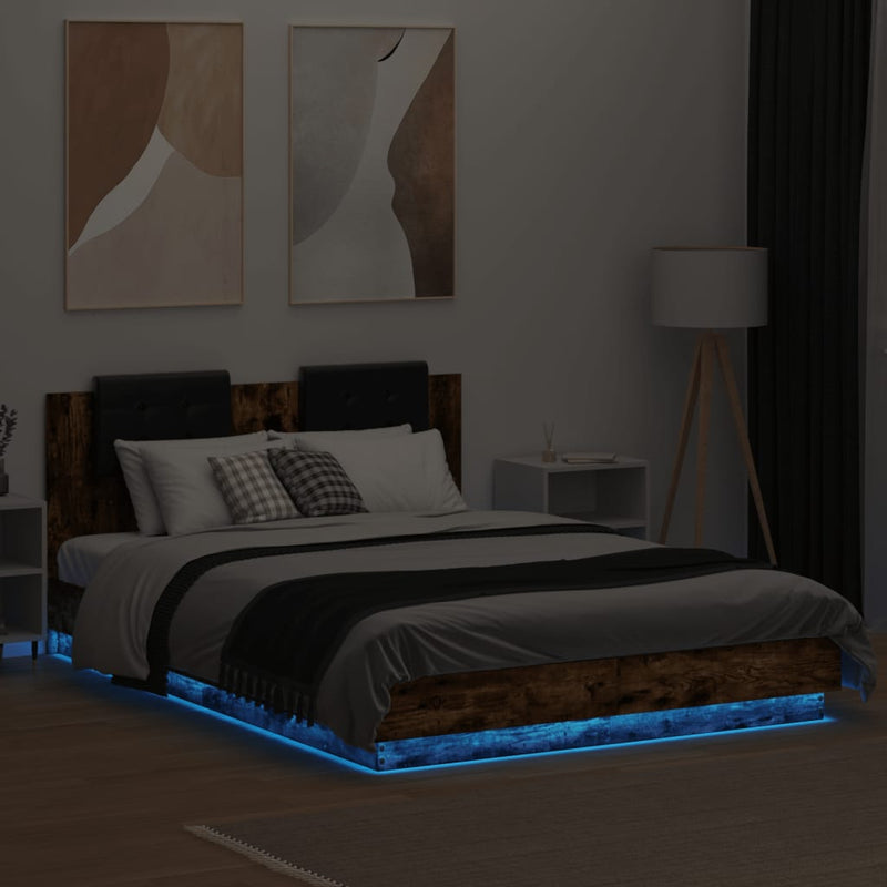 vidaXL füstös tölgy színű ágykeret fejtámlával és LED-ekkel 120x200 cm