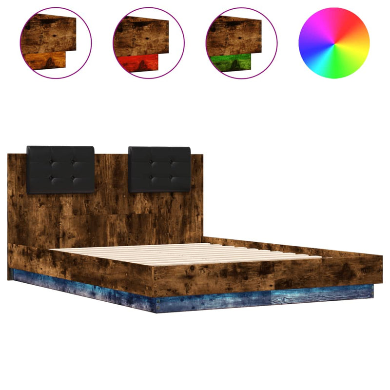 vidaXL füstös tölgy színű ágykeret fejtámlával és LED-ekkel 120x190 cm
