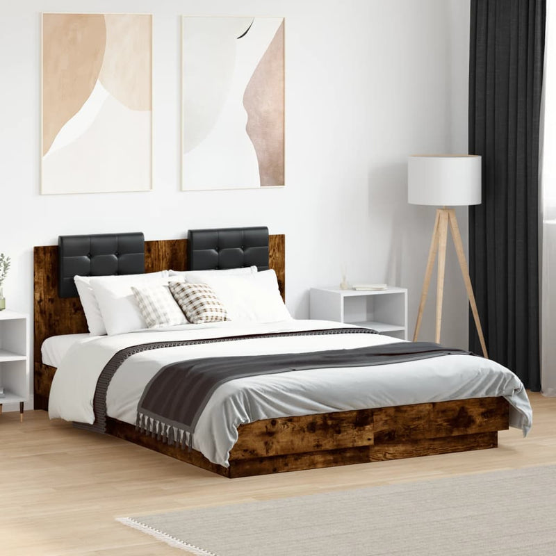 vidaXL füstös tölgy színű ágykeret fejtámlával és LED-ekkel 120x190 cm