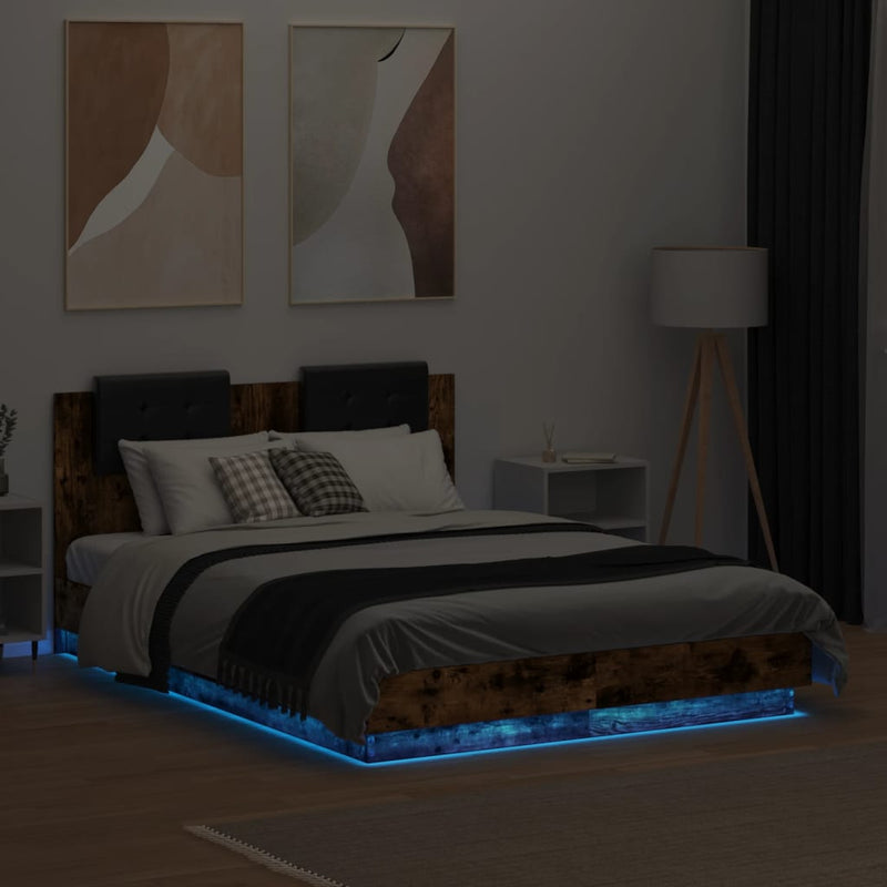 vidaXL füstös tölgy színű ágykeret fejtámlával és LED-ekkel 120x190 cm