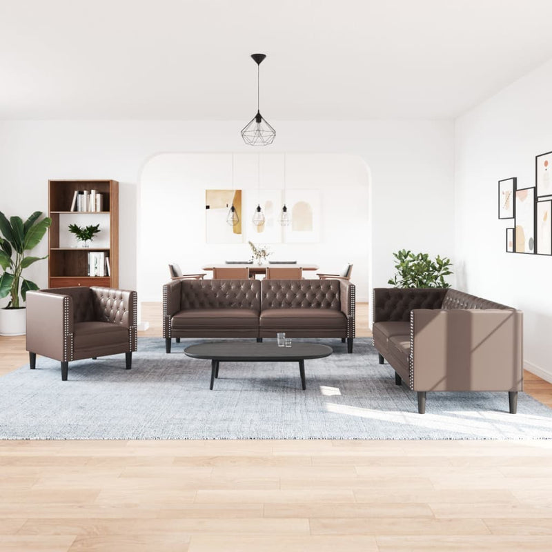 vidaXL 3 részes barna műbőr Chesterfield kanapégarnitúra