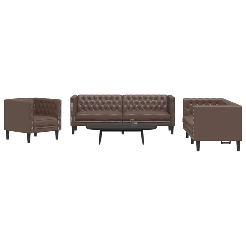 vidaXL 3 részes barna műbőr Chesterfield kanapégarnitúra