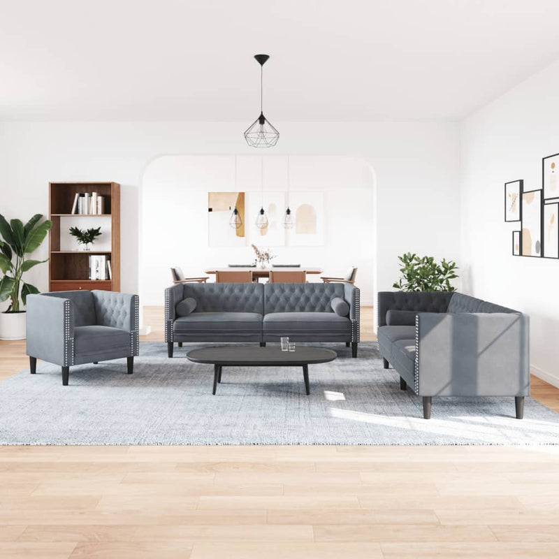 vidaXL 3 részes sötétszürke bársony Chesterfield kanapészett párnákkal