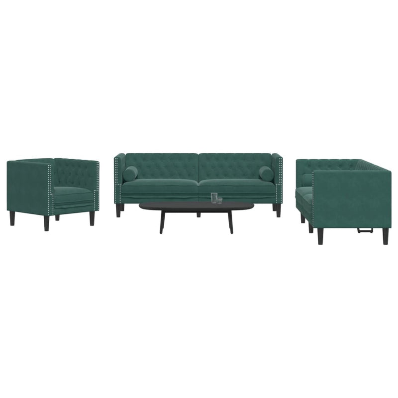vidaXL 3 részes sötétzöld bársony Chesterfield kanapészett párnákkal