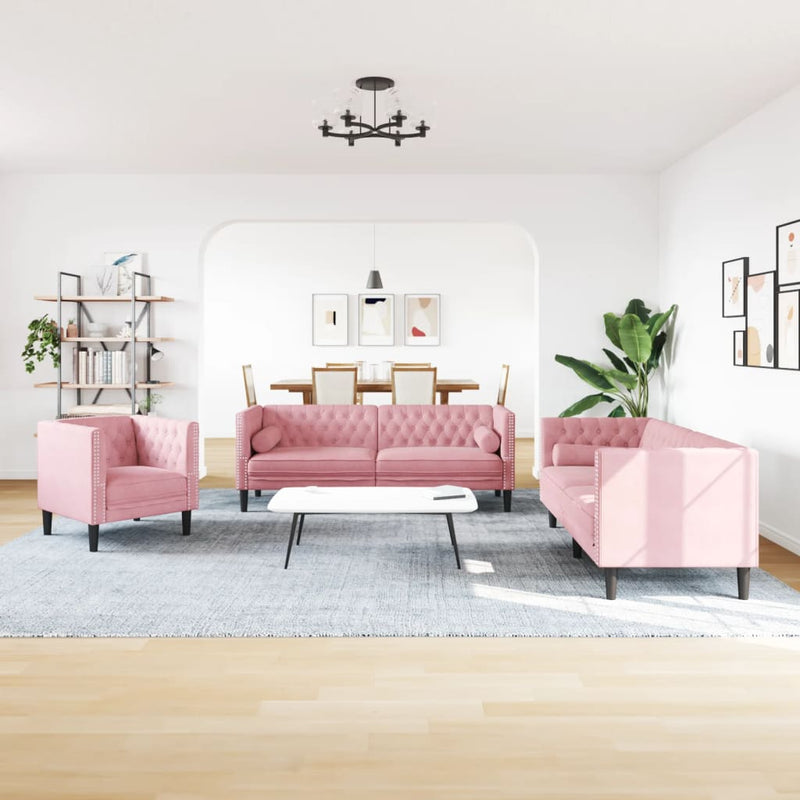 vidaXL 3 részes rózsaszín bársony Chesterfield kanapészett párnákkal