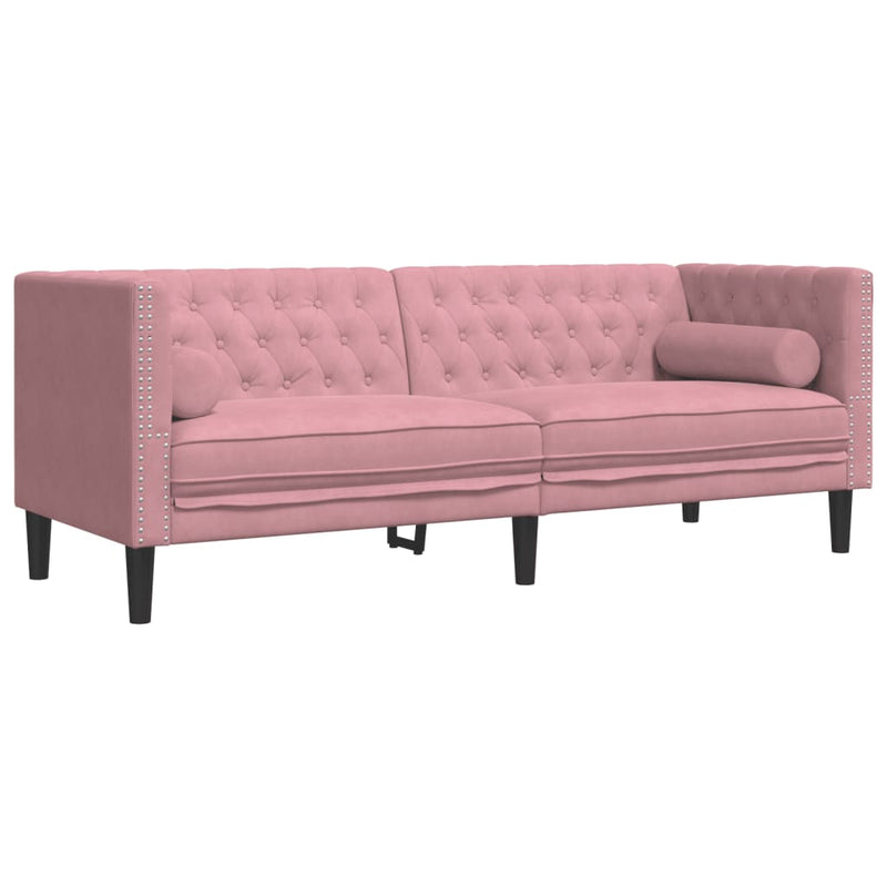 vidaXL 3 részes rózsaszín bársony Chesterfield kanapészett párnákkal