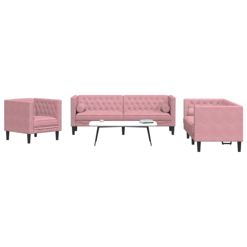 vidaXL 3 részes rózsaszín bársony Chesterfield kanapészett párnákkal