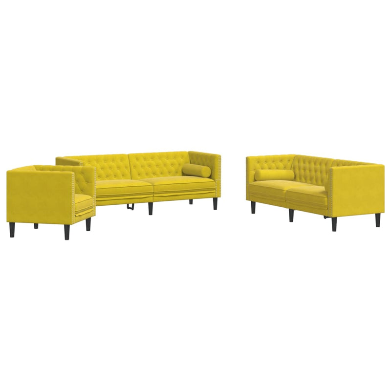 vidaXL 3 részes sárga bársony Chesterfield kanapészett hengerpárnákkal