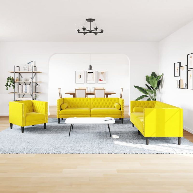 vidaXL 3 részes sárga bársony Chesterfield kanapészett hengerpárnákkal