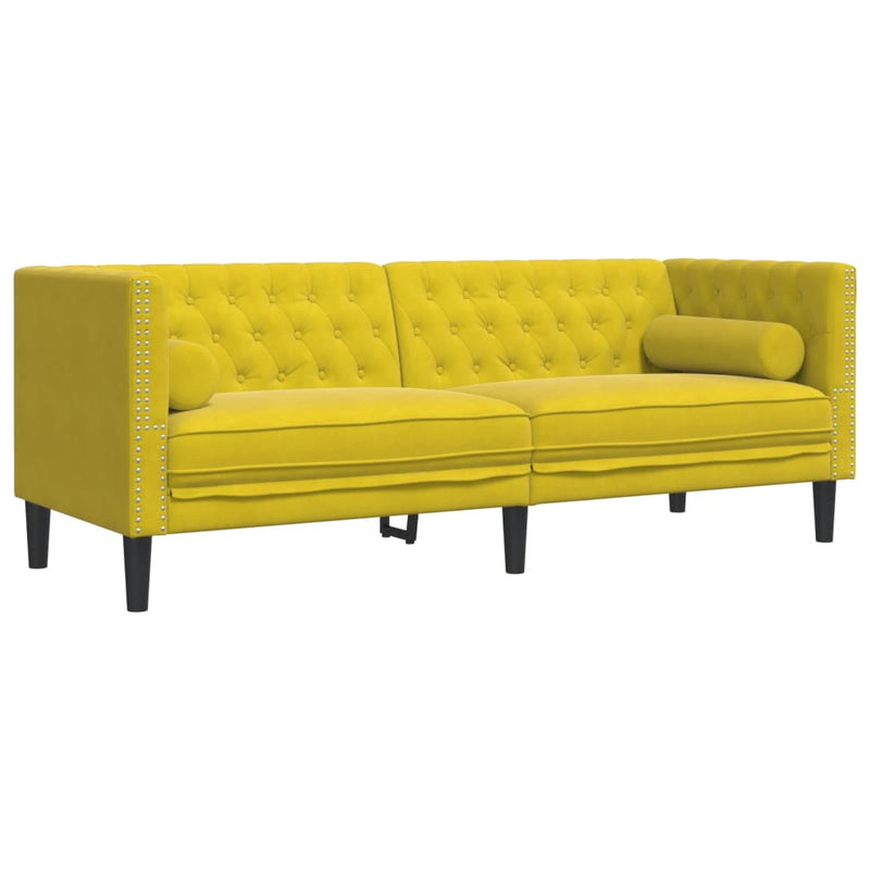 vidaXL 3 részes sárga bársony Chesterfield kanapészett hengerpárnákkal