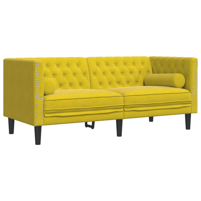 vidaXL 3 részes sárga bársony Chesterfield kanapészett hengerpárnákkal