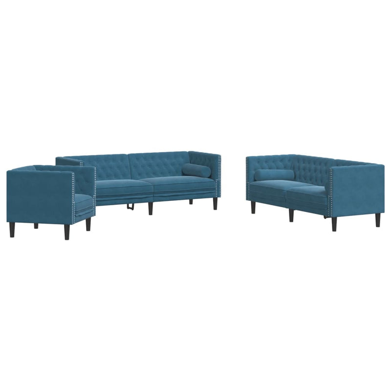 vidaXL 3 részes kék bársony Chesterfield kanapészett hengerpárnákkal