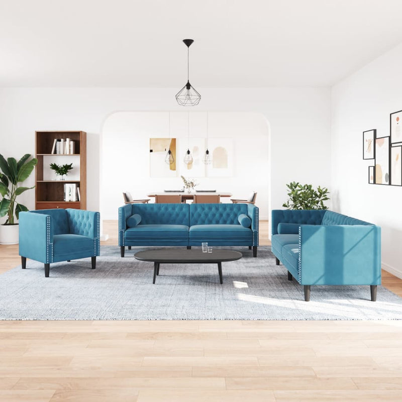 vidaXL 3 részes kék bársony Chesterfield kanapészett hengerpárnákkal