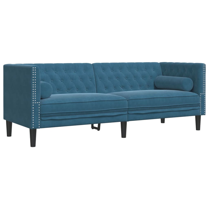 vidaXL 3 részes kék bársony Chesterfield kanapészett hengerpárnákkal