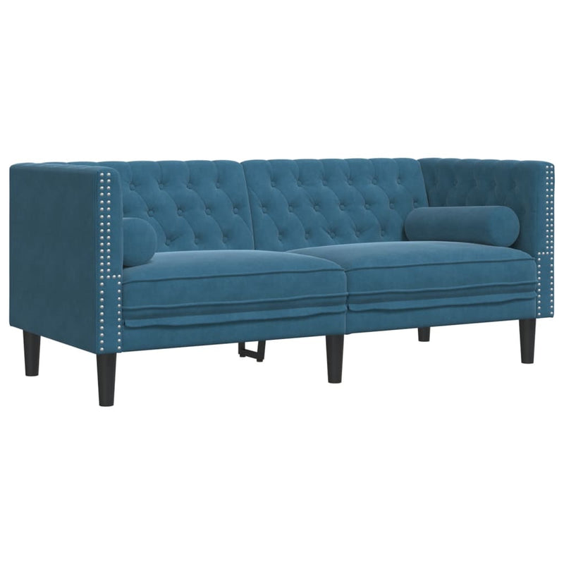 vidaXL 3 részes kék bársony Chesterfield kanapészett hengerpárnákkal