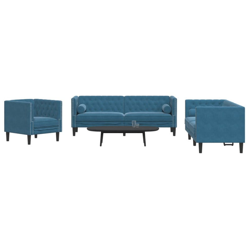 vidaXL 3 részes kék bársony Chesterfield kanapészett hengerpárnákkal