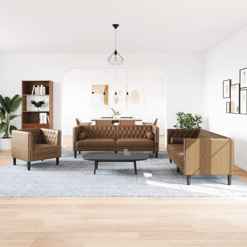 vidaXL 3 részes barna művelúr Chesterfield kanapészett hengerpárnákkal