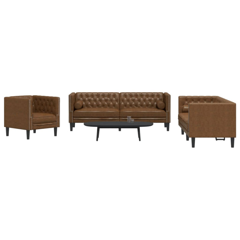 vidaXL 3 részes barna művelúr Chesterfield kanapészett hengerpárnákkal