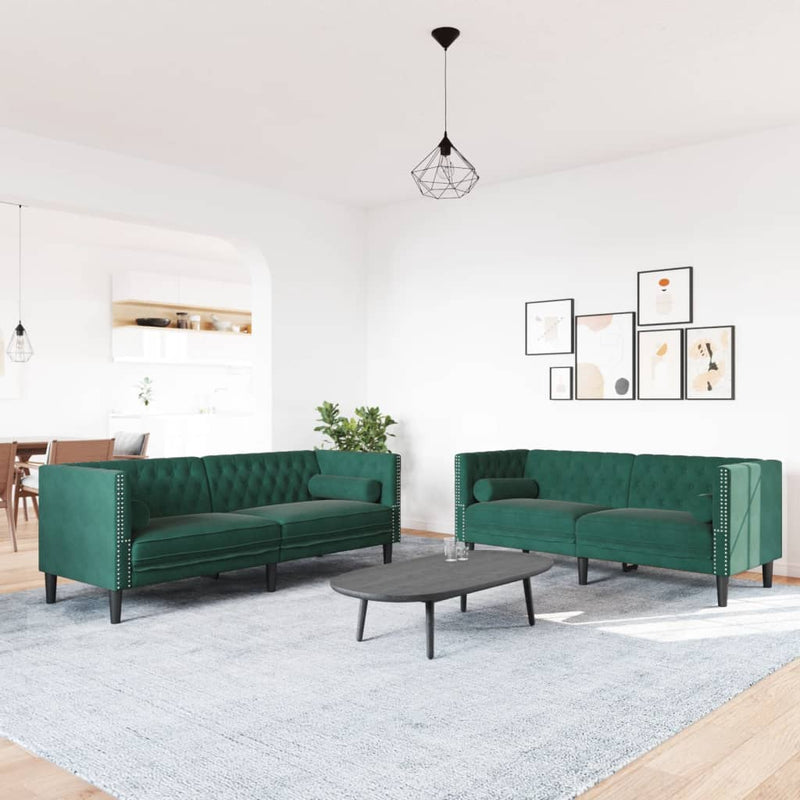 vidaXL 2 részes sötétzöld bársony Chesterfield kanapészett párnákkal