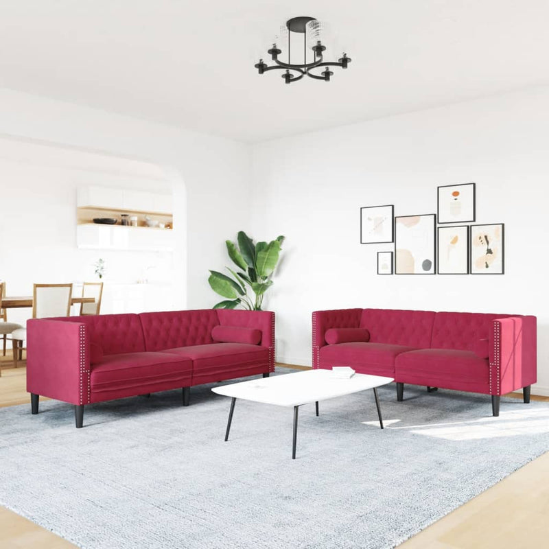 vidaXL 2 részes bordó bársony Chesterfield kanapészett hengerpárnákkal
