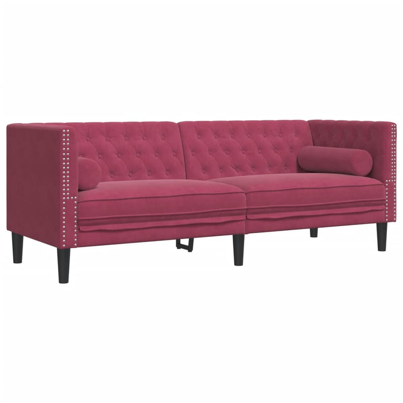 vidaXL 2 részes bordó bársony Chesterfield kanapészett hengerpárnákkal