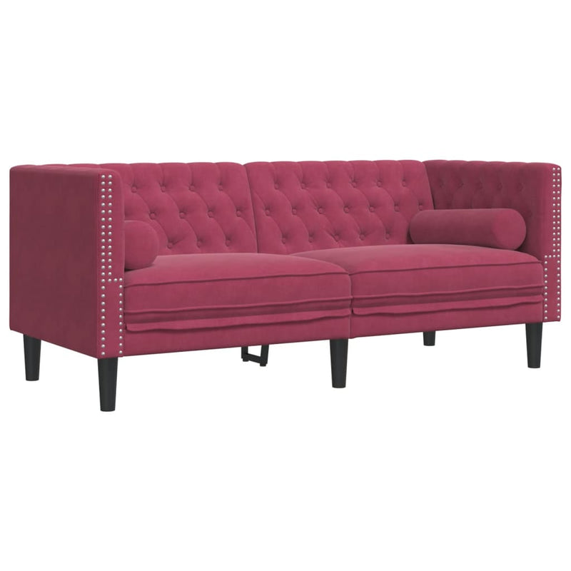vidaXL 2 részes bordó bársony Chesterfield kanapészett hengerpárnákkal