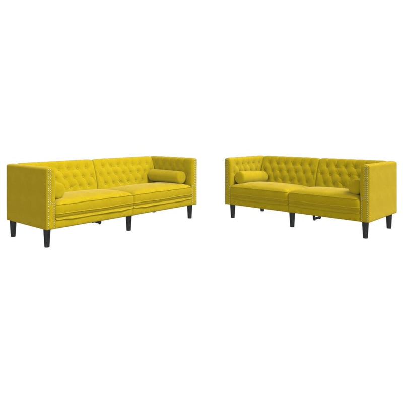 vidaXL 2 részes sárga bársony Chesterfield kanapészett hengerpárnákkal