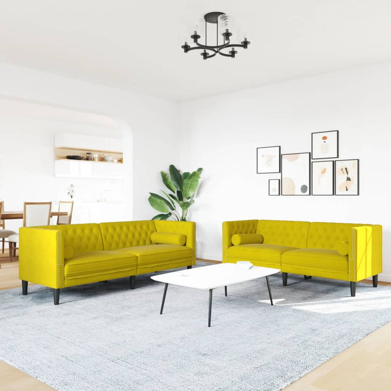 vidaXL 2 részes sárga bársony Chesterfield kanapészett hengerpárnákkal