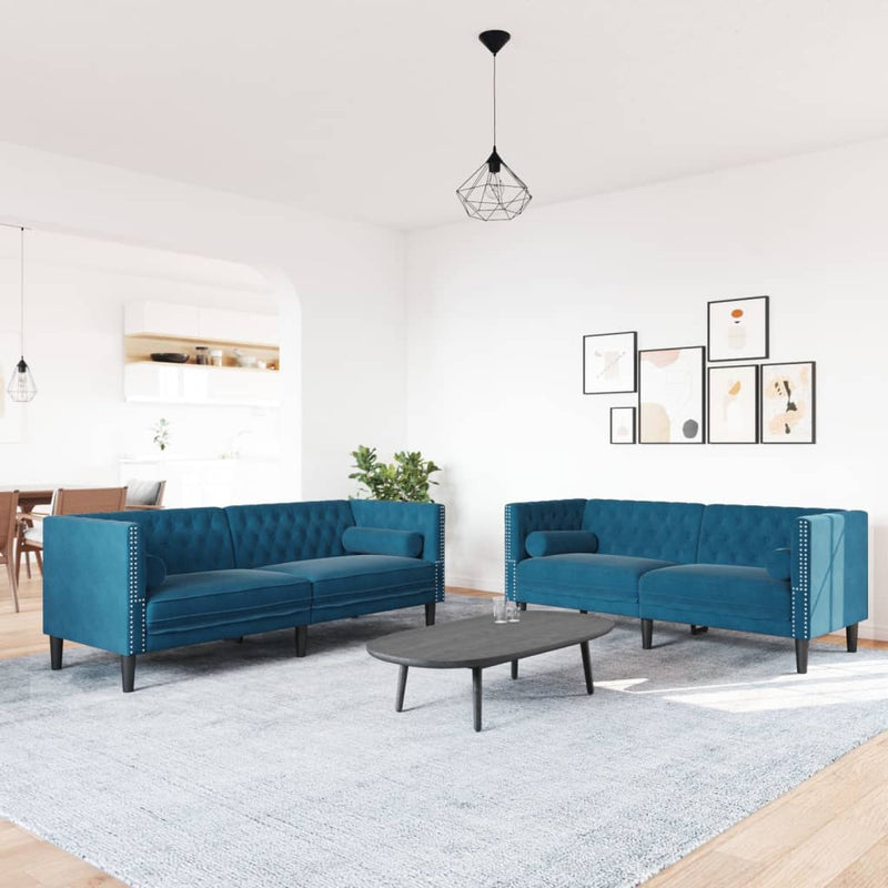 vidaXL 2 részes kék bársony Chesterfield kanapészett hengerpárnákkal