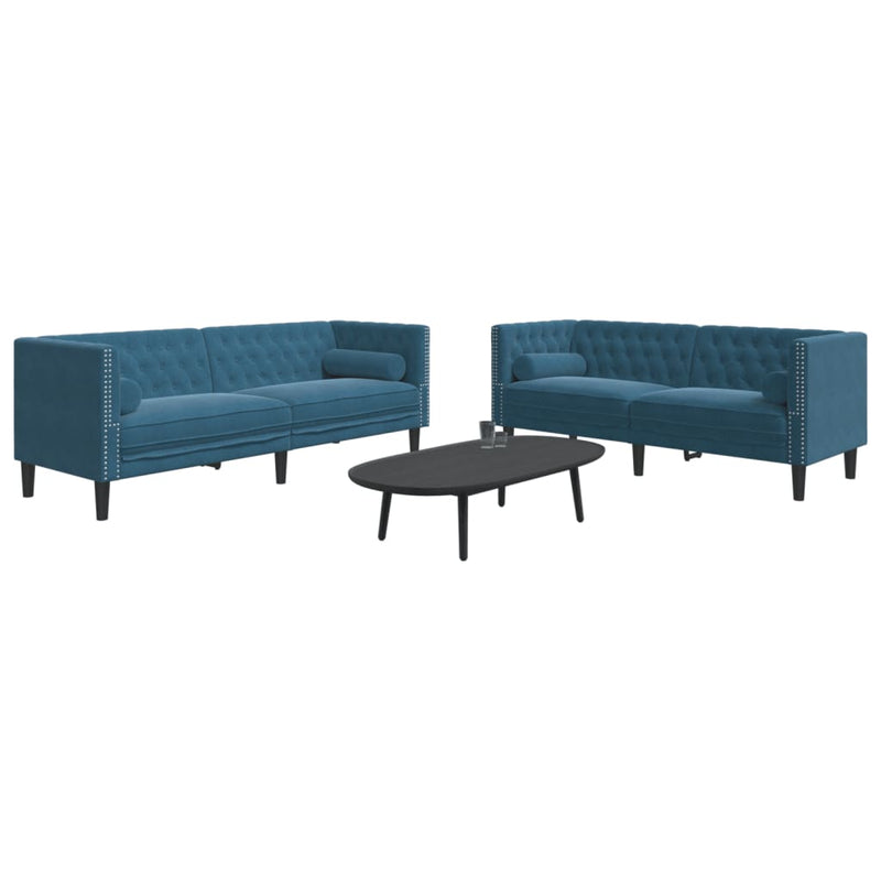 vidaXL 2 részes kék bársony Chesterfield kanapészett hengerpárnákkal