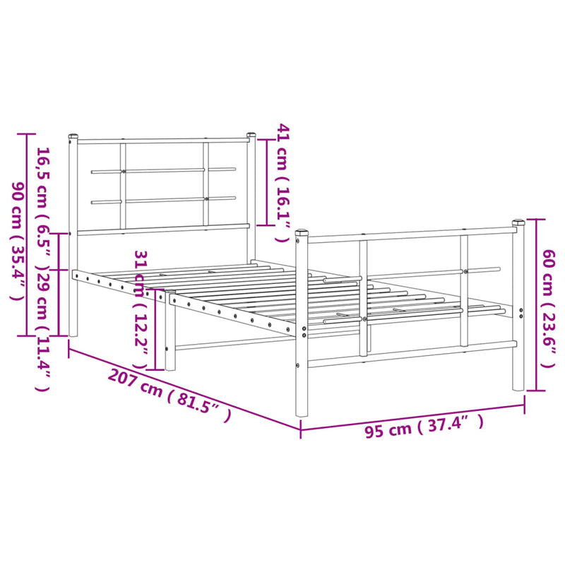 vidaXL fekete fém ágykeret fej- és lábtámlával 90 x 200 cm
