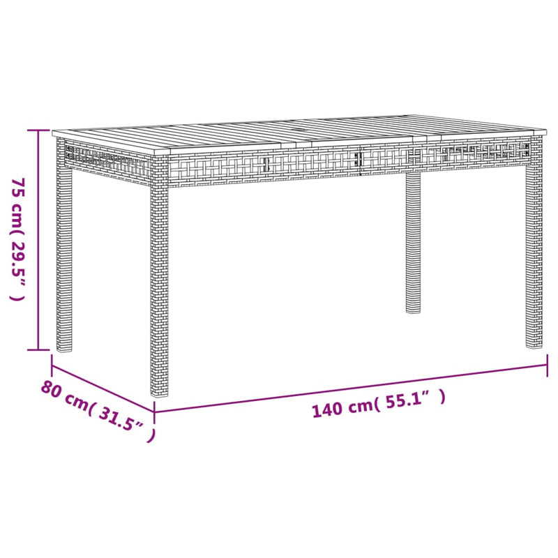 vidaXL fekete polyrattan és akácfa kerti asztal 140 x 80 x 75 cm