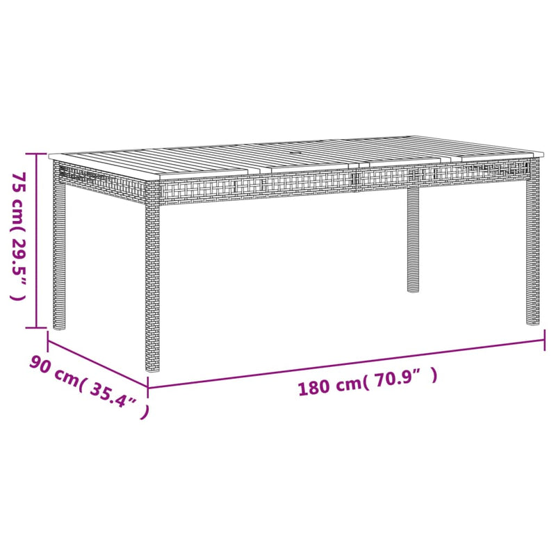 vidaXL szürke polyrattan és akácfa kerti asztal 180 x 90 x 75 cm