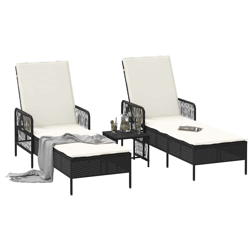 vidaXL Napozóágy párnával 2 pcs Fekete 35 x 35 x 32cm polirattan