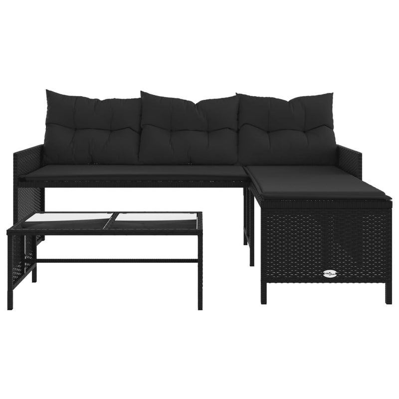 vidaXL L-alakú fekete polyrattan kerti kanapé asztallal és párnával