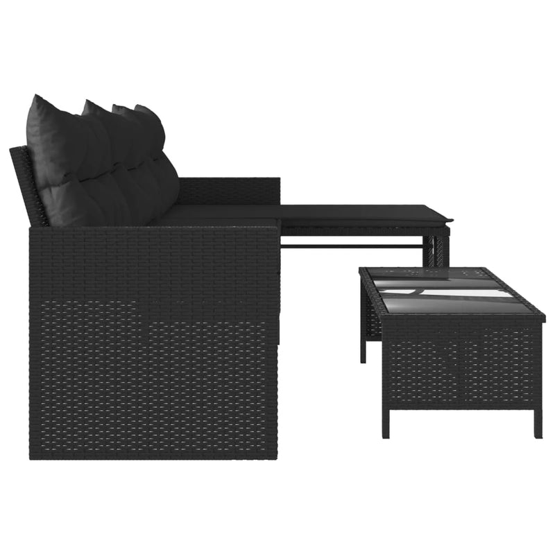 vidaXL L-alakú fekete polyrattan kerti kanapé asztallal és párnával