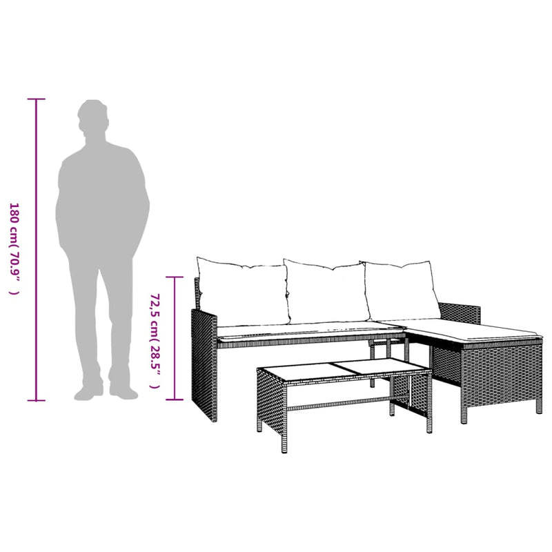vidaXL L-alakú fekete polyrattan kerti kanapé asztallal és párnával