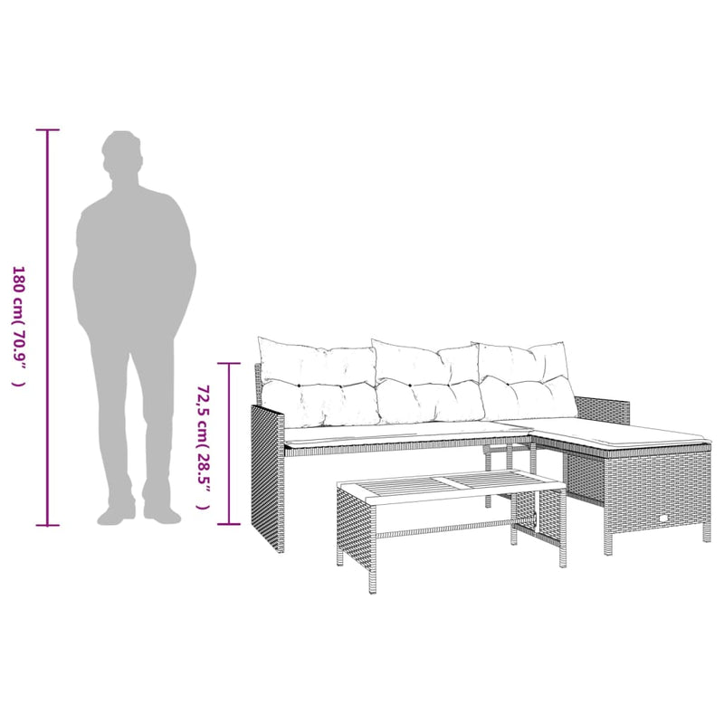 vidaXL L-alakú szürke polyrattan kerti kanapé asztallal és párnákkal