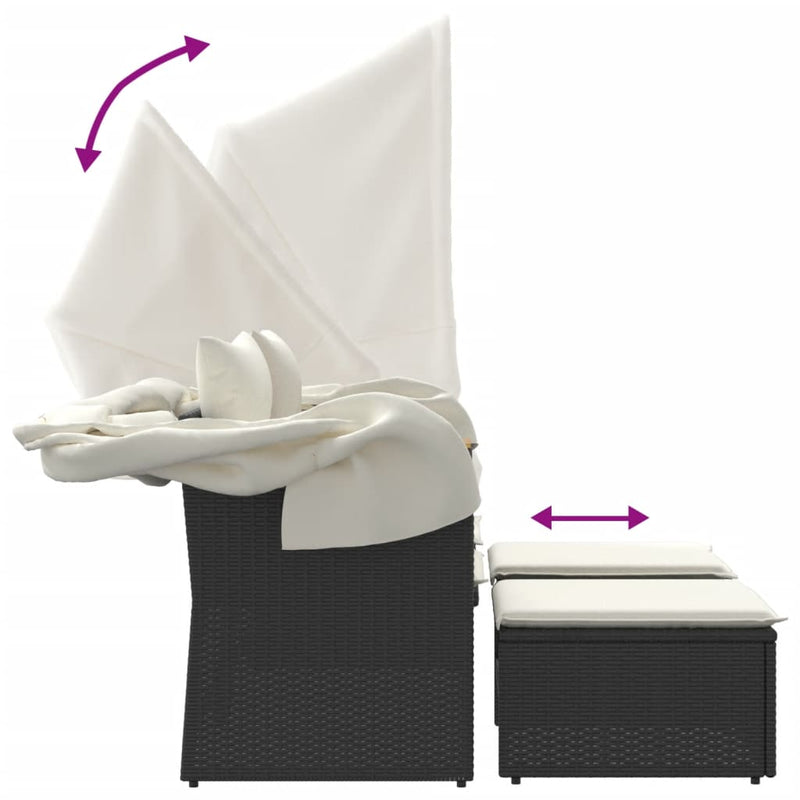 vidaXL 2 személyes fekete polyrattan kerti kanapé baldachinnal/székkel